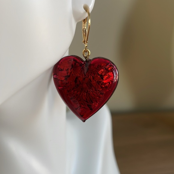 Hand Crafted Jewelry - HAND CRAFTED RICH RED HEART PIERCED EARRINGS Metallic Burgundy Valentine’s Day
